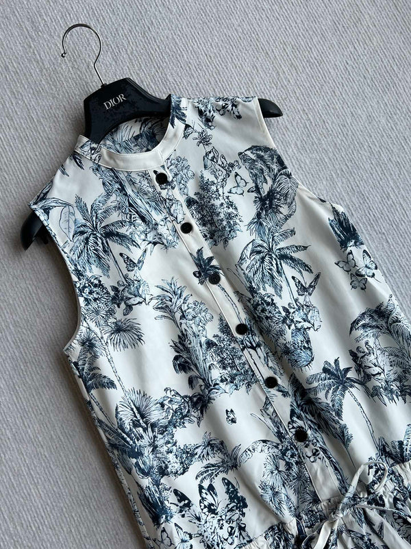 CD 25 Painting Waist Sleeveless Dress White Blue Cotton Polyester