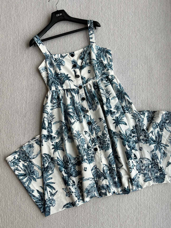 CD 25 Pattern Printed Suspender Dress White Blue Cotton Polyester