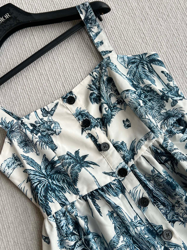 CD 25 Pattern Printed Suspender Dress White Blue Cotton Polyester