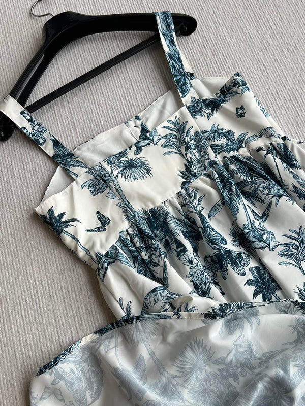 CD 25 Pattern Printed Suspender Dress White Blue Cotton Polyester