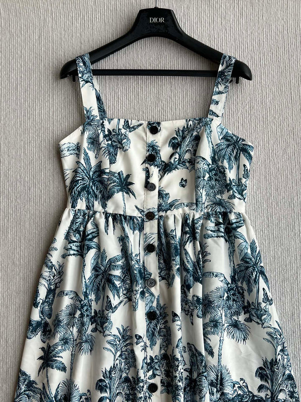CD 25 Pattern Printed Suspender Dress White Blue Cotton Polyester