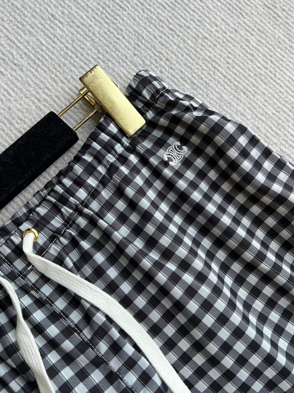 Celine 25 Arc de Triomphe Plaid Casual Pants Black White Polyester