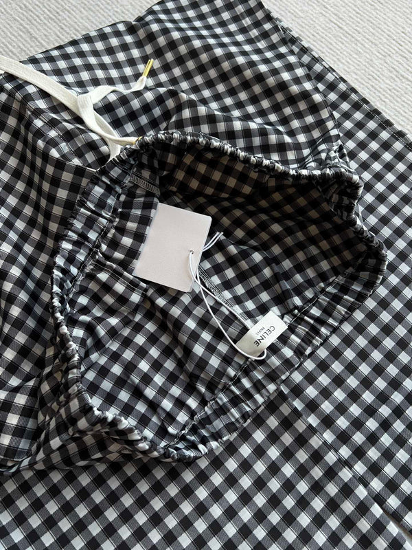 Celine 25 Arc de Triomphe Plaid Casual Pants Black White Polyester