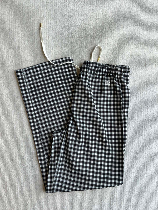 Celine 25 Arc de Triomphe Plaid Casual Pants Black White Polyester