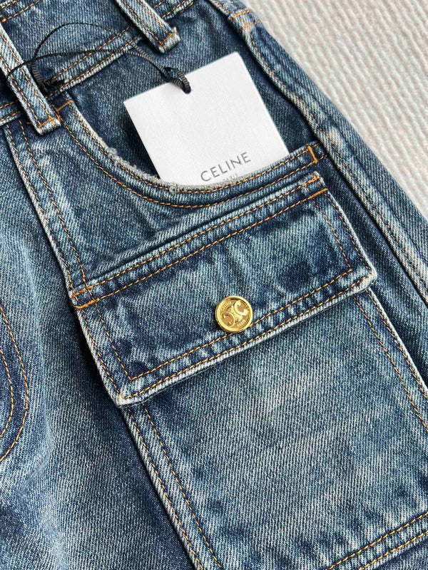 Celine 25 Arc de Triomphe Metal Buckle Denim Shorts Blue Cotton 275804