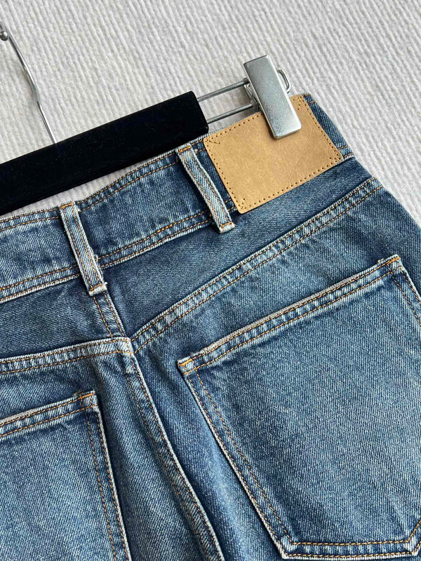 Celine 25 Arc de Triomphe Metal Buckle Denim Shorts Blue Cotton 275804