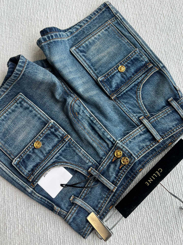 Celine 25 Arc de Triomphe Metal Buckle Denim Shorts Blue Cotton 275804