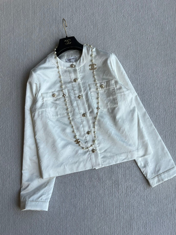 Veste col rond CC 25 en coton et soie blancs