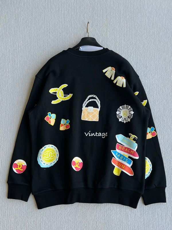 Chanel 25 Sweatshirt ras du cou graffiti en coton noir 312091