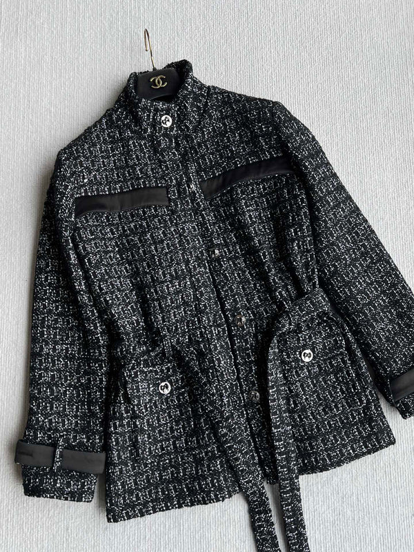 CC Belted Jacket Black White Cashmere Tweed 318587