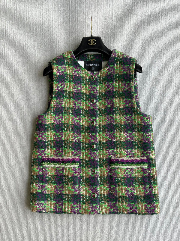 Chanel 2025 Gilet Veste en Tweed Écossais Laine Polyester Vert 325377