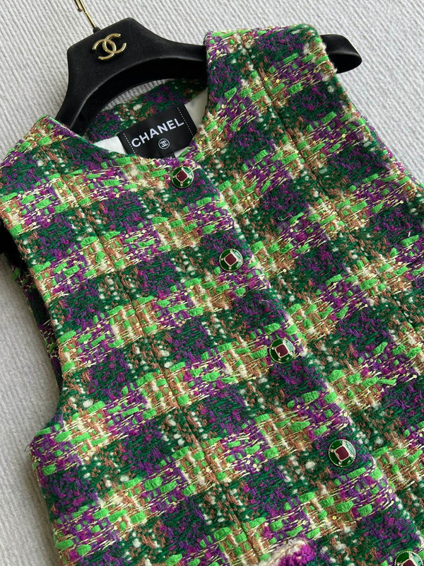 Chanel 2025 Gilet Veste en Tweed Écossais Laine Polyester Vert 325377