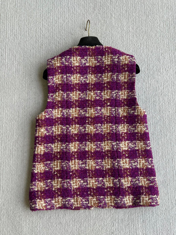 Chanel 2025 Veste Gilet en Tweed à Carreaux Violet Laine Polyester 325378