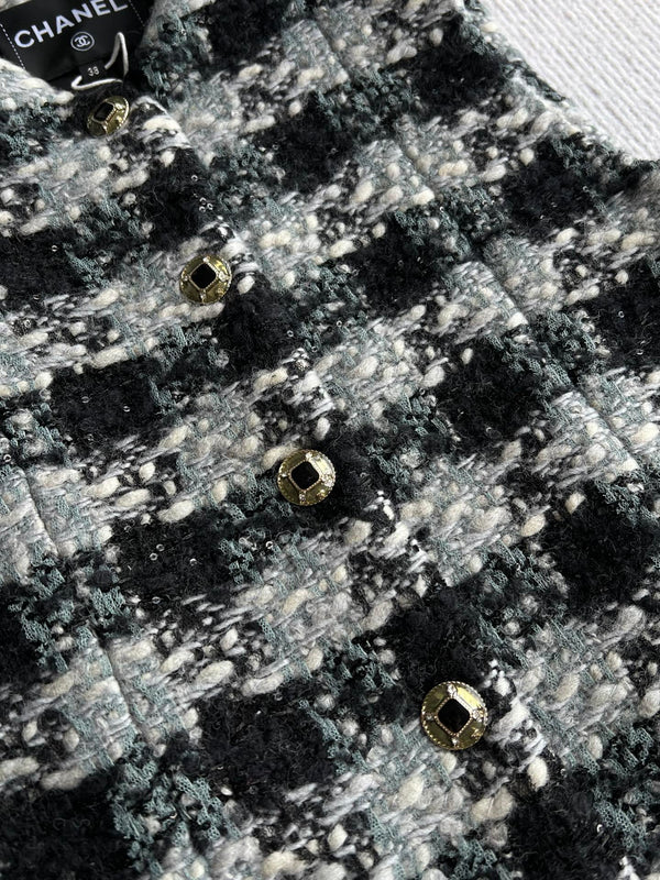 Chanel 2025 Veste Gilet Tweed Écossais Laine Polyester Noir 325379