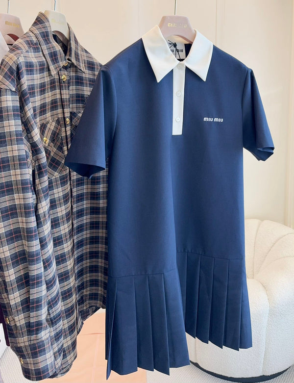 Miumiu 2025 Short-sleeved Pleated Dress Navy Blue Cotton