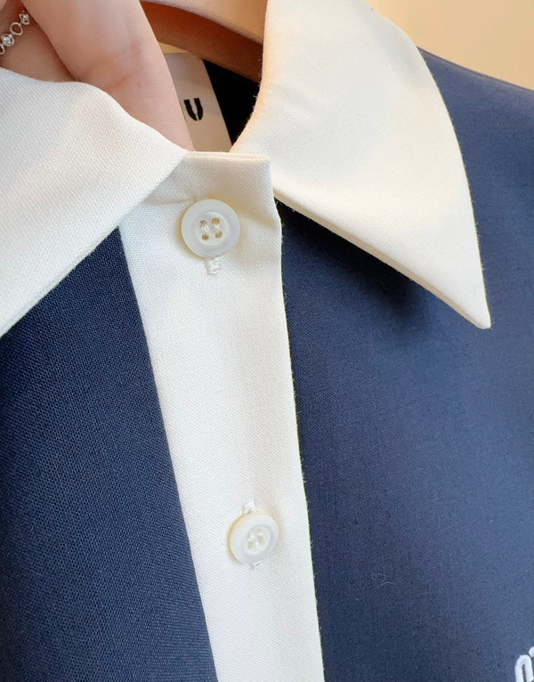 Miumiu 2025 Short-sleeved Pleated Dress Navy Blue Cotton