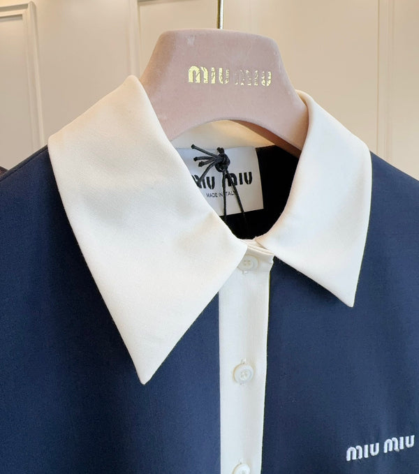 Miumiu 2025 Short-sleeved Pleated Dress Navy Blue Cotton