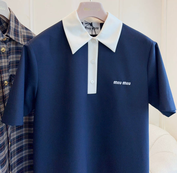 Miumiu 2025 Short-sleeved Pleated Dress Navy Blue Cotton