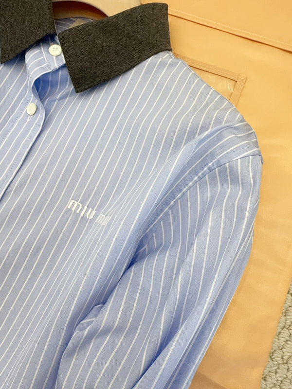 Miumiu 2025 Striped Short Shirt Blue Cotton