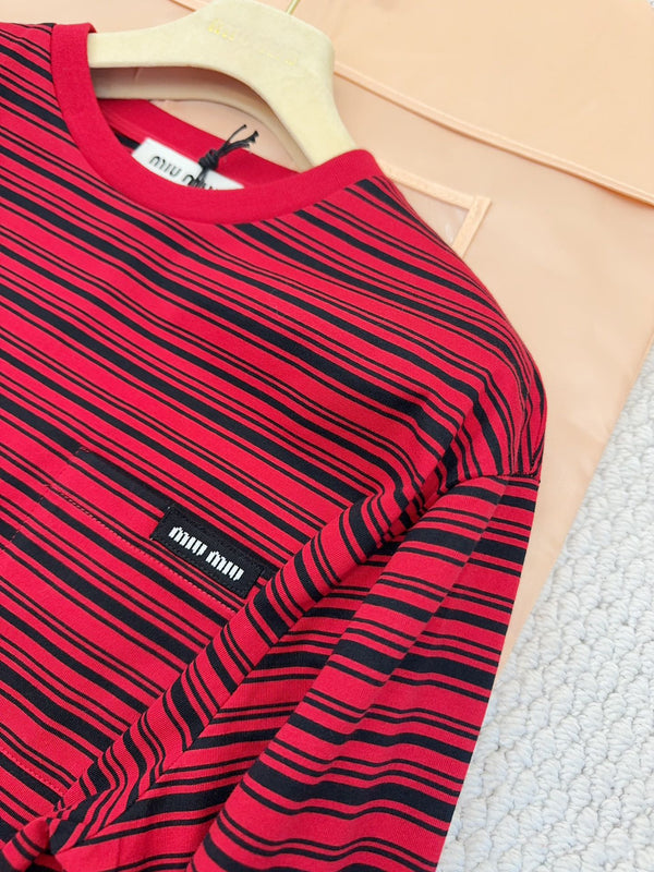 Miumiu 2025 Striped Long-sleeved T-shirt Red Cotton