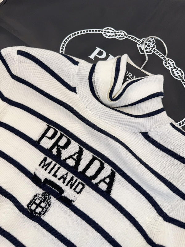 Prada Striped Knitted Turtleneck Sweater Black mix White Wool
