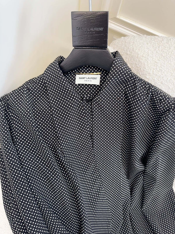 YSL 2025 Polka Dot Shirt Black mix White Silk