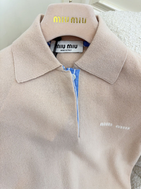 Miu Miu 25 Striped Polo Short-sleeved Sweatshirt Beige Cashmere