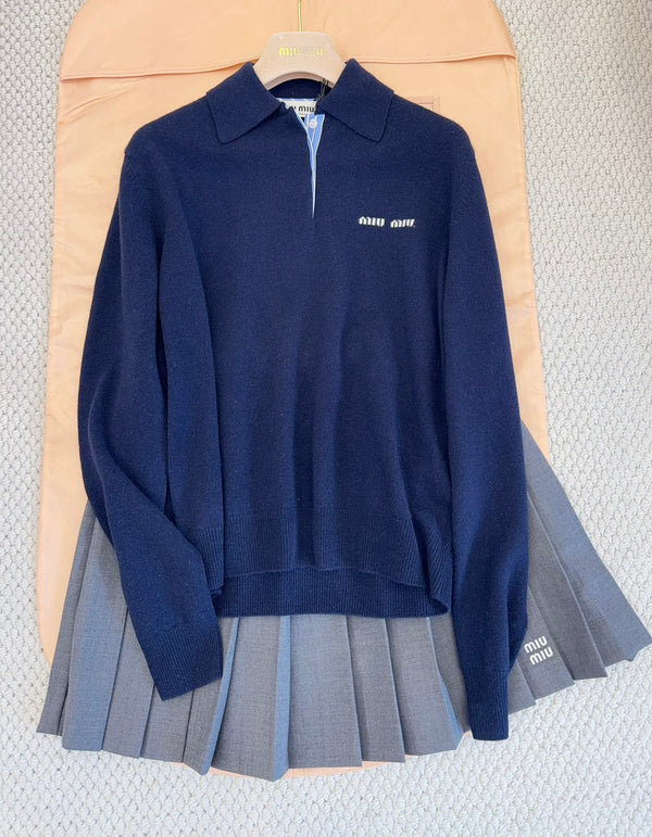 Miu Miu 25 Striped Polo Sweatshirt Dark Blue Cashmere