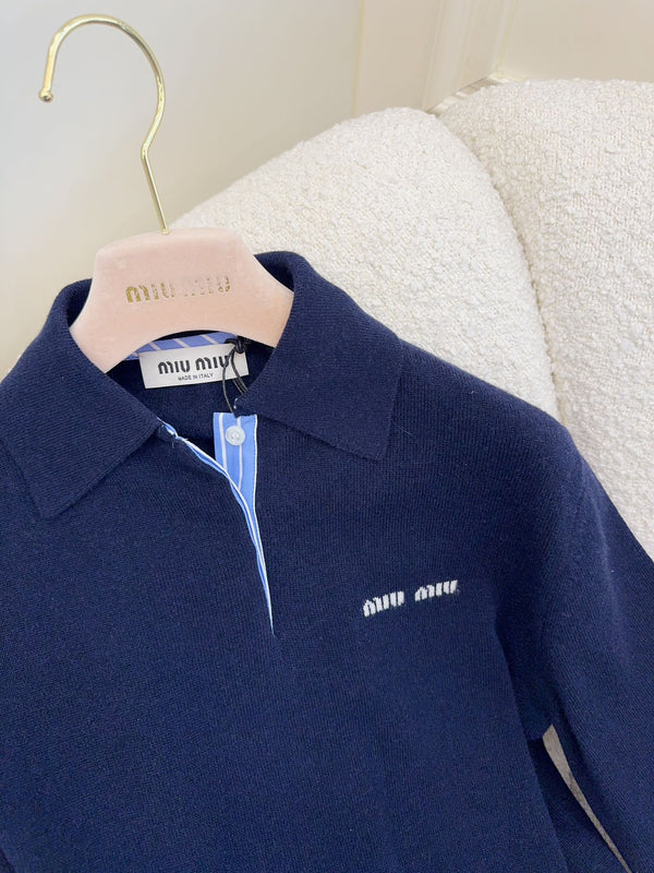 Miu Miu 25 Striped Polo Sweatshirt Dark Blue Cashmere