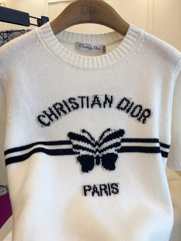 CD 25 Maglia a maniche corte in maglia a farfalla in cotone bianco e nero