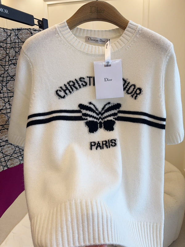 CD 25 Maglia a maniche corte in maglia a farfalla in cotone bianco e nero