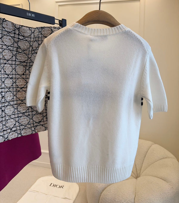 CD 25 Maglia a maniche corte in maglia a farfalla in cotone bianco e nero