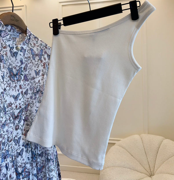 CD 2025 Asymmetrical Off-shoulder Vest White Cotton