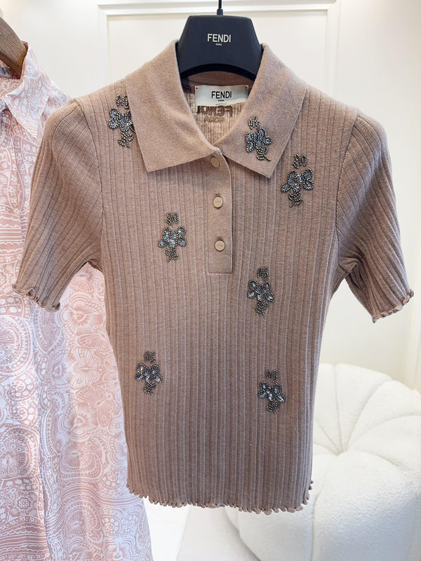 Fendi 25 Beaded Polo shirt Pure Beige Cotton