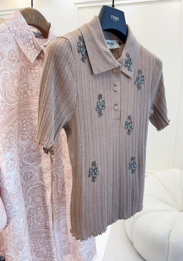 Fendi 25 Beaded Polo shirt Pure Beige Cotton