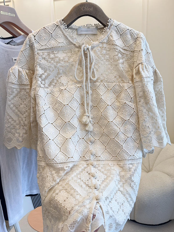 Zimmermann 25 WYLIE CROCHET BLOUSE tea white lace cotton