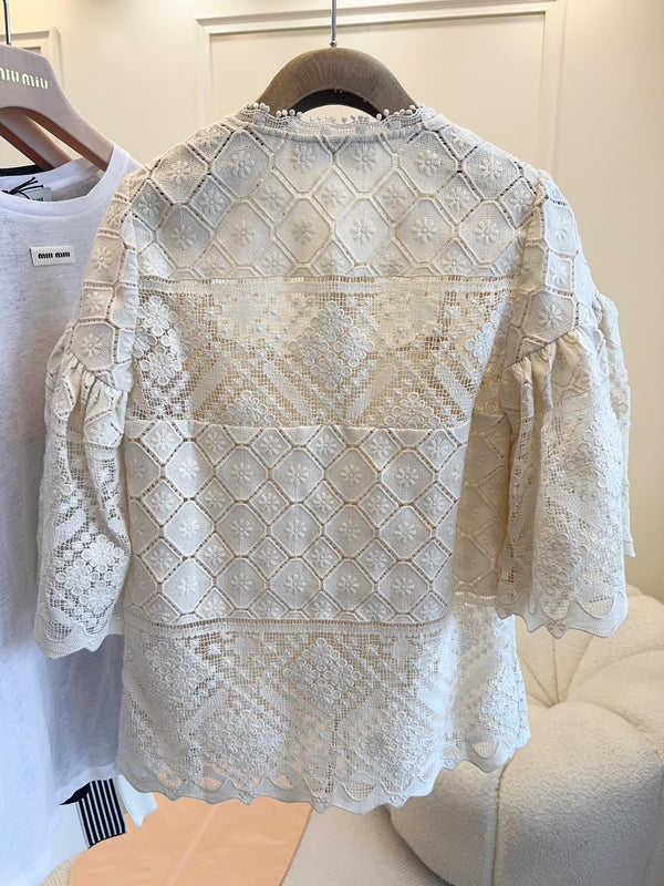 Zimmermann 25 WYLIE CROCHET BLOUSE tea white lace cotton
