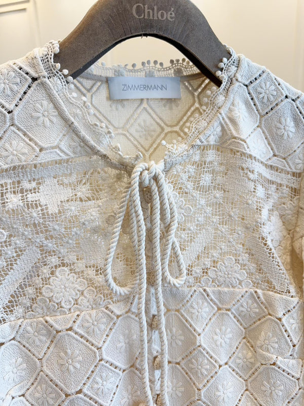 Zimmermann 25 WYLIE CROCHET BLOUSE tea white lace cotton