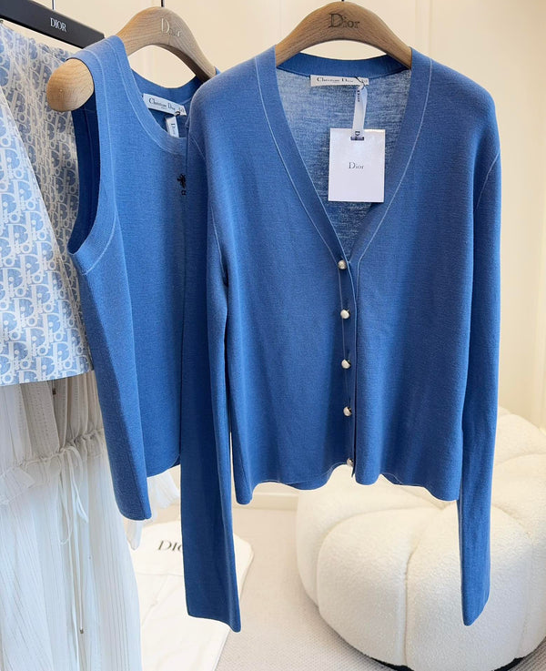CD 25 Set Cardigan Gilet Blu Scuro Lana