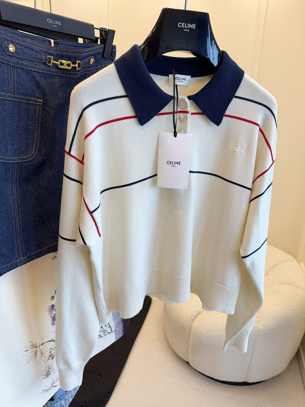 Polo Celine 25 a maniche lunghe in seta e cotone bianco
