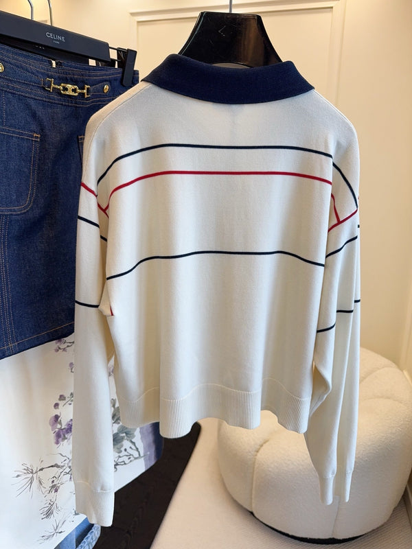 Polo Celine 25 a maniche lunghe in seta e cotone bianco