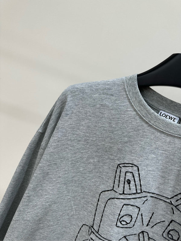 Loewe T-shirt à manches longues et col rond en coton gris motif chat 2025 327180