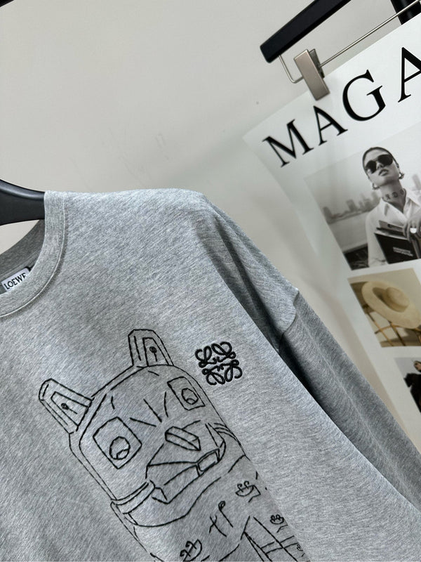 Loewe T-shirt à manches longues et col rond en coton gris motif chat 2025 327180