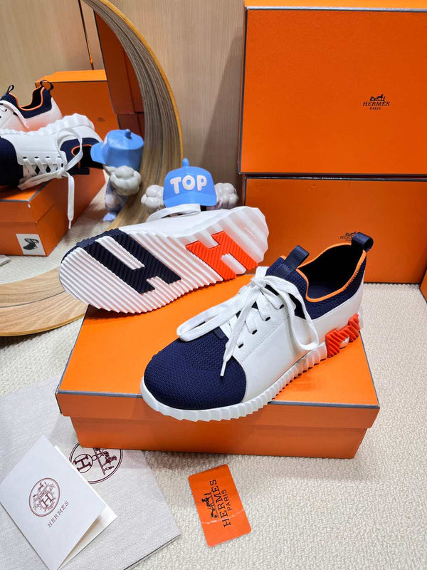 HM Depart slip-on Sneaker White mix Navy blue Knitted fabric and Calfskin 206317