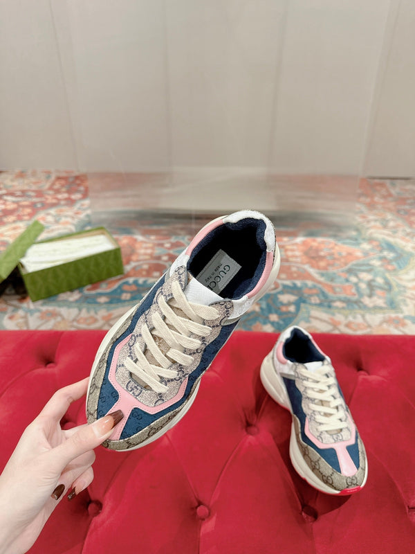 GG RHYTON TRAINER IN PELLE DI VITELLO MARRONE CHIARO E ROSA