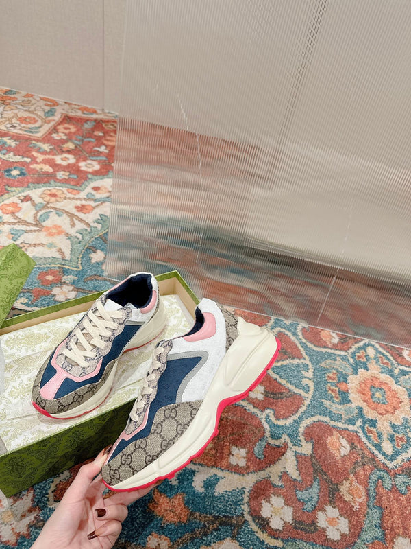 GG RHYTON TRAINER IN PELLE DI VITELLO MARRONE CHIARO E ROSA