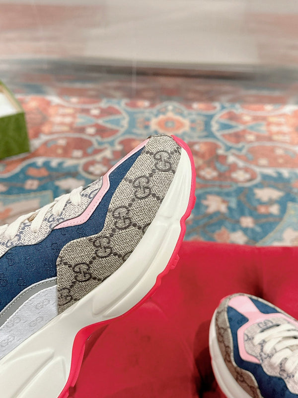 GG RHYTON TRAINER IN PELLE DI VITELLO MARRONE CHIARO E ROSA