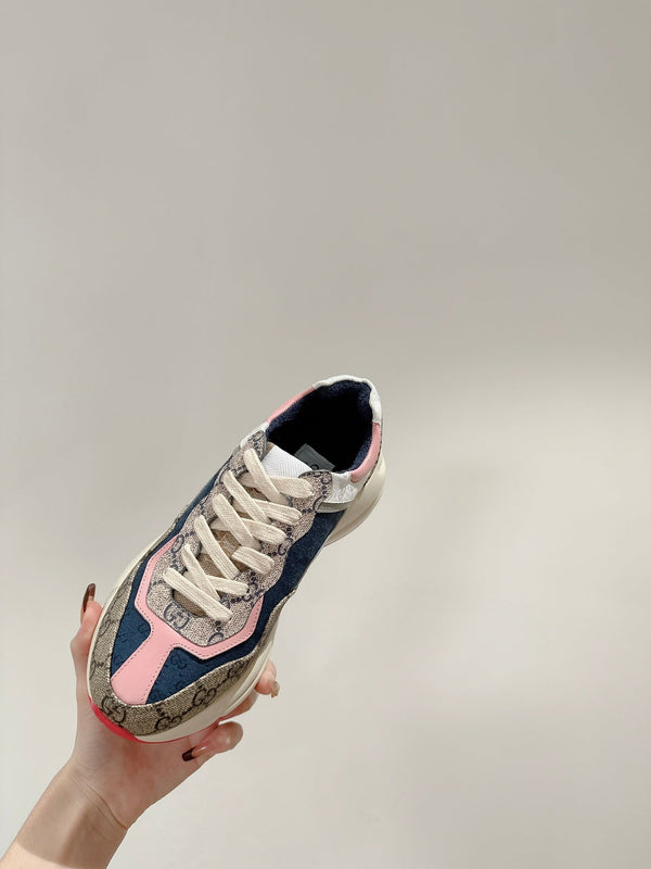 GG RHYTON TRAINER IN PELLE DI VITELLO MARRONE CHIARO E ROSA