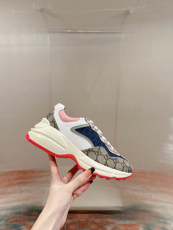 GG RHYTON TRAINER IN PELLE DI VITELLO MARRONE CHIARO E ROSA