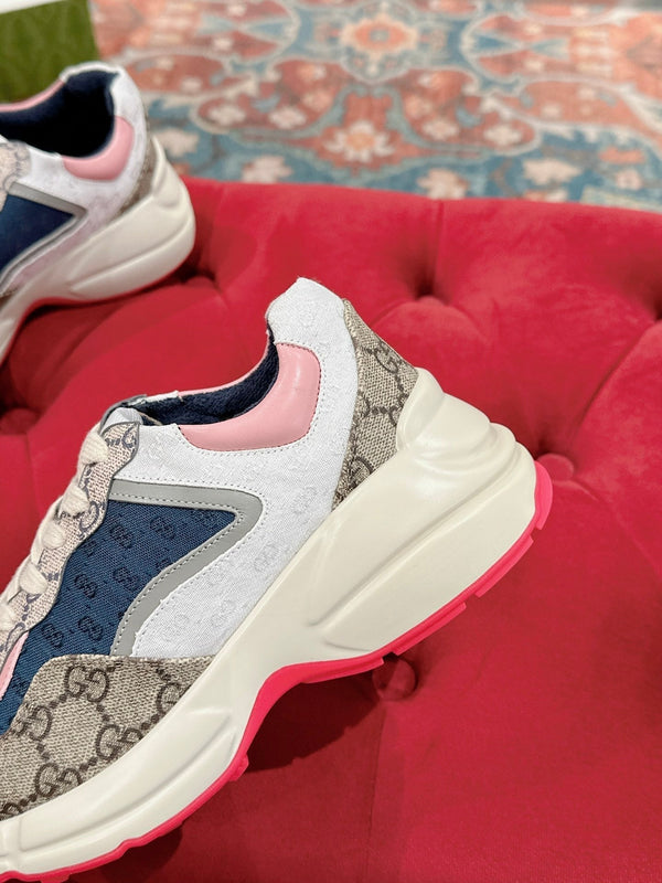 GG RHYTON TRAINER IN PELLE DI VITELLO MARRONE CHIARO E ROSA